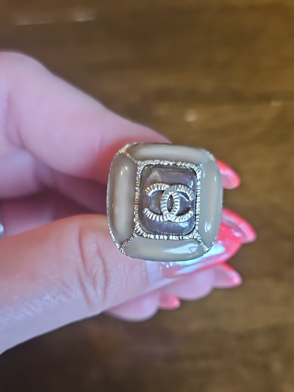 CHANEL Square CC Logo Ring Taupe Resin Gold [Size 5.5]